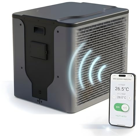 poolomio® Mini pompe à chaleur pour piscine 5 kW avec contrôle par application WiFi - Chauffage efficace de piscine COP 5,10 pour piscines hors-sol et petites piscines jusqu'à 30 000 litres - Raccord