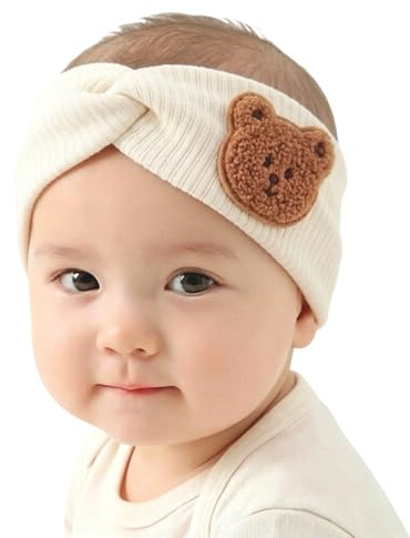 Baby flicka pannband med björn utsmyckning, elastiskt och mjukt hårband för nyfödda, baby hårtillbehör för fotografering och daglig användning, krämvit, 1 st
