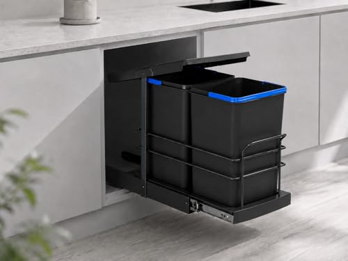 ROOMART Pattumiera da incasso da cucina, estensibile, 2 x 12 l, sistema di separazione dei rifiuti, mobiletto inferiore, grigio chiaro, nero (nero)