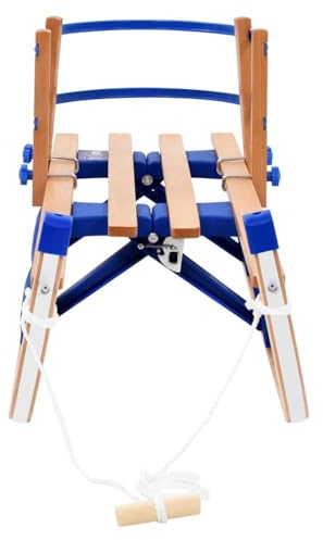 Faltbarer Holzschlitten mit Rückenlehne 119 cm, Klappschlitten für Kinder mit Zugseil und Metallkufen, Robuster Winterschlitten