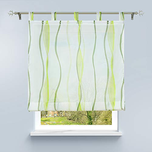 HongYa Raffrollo mit Wellen Druck Transparenter Voile Raffgardine Vorhang mit Schlaufen H/B 140/60 cm Creme Grün