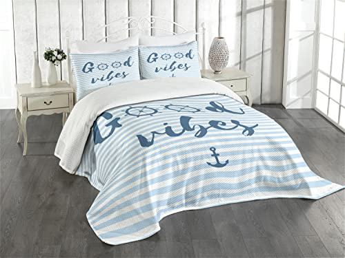 ABAKUHAUS Good Vibes Tagesdecke Set, Nautical Maritime, Set mit Kissenbezügen Waschbar, für Doppelbetten 264 x 220 cm,Nachtblau Babyblau