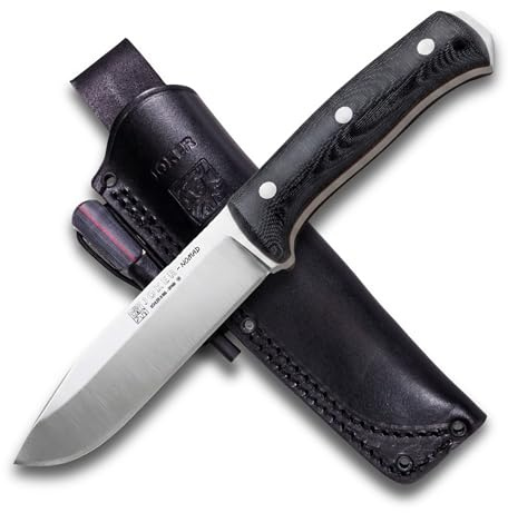 Joker Cuchillo Bushcraft Nomad CM125-P, hoja de 12,7 cm, mango micarta canvas, funda piel de color negro con pedernal, Herramienta de pesca, caza, camping y senderismo