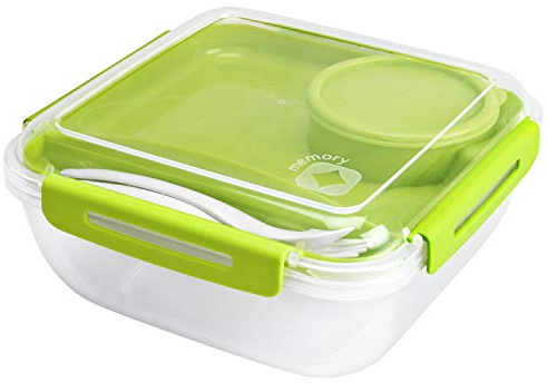 Rotho Memory B3 Lunchbox 1.7l mit Besteck und separatem Behälter, Kunststoff (PP) BPA-frei, grün, 1.7l (19.5 x 19.5 x 9.1 cm)