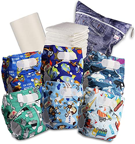 Littles & Bloomz 605VM6 Wiederverwendbare Windel mit Klettverschluss, 6 Windeln + 6 Einlagen, 1 Einweg-Bambuseinlage, 1 Feuchtwindeltasche