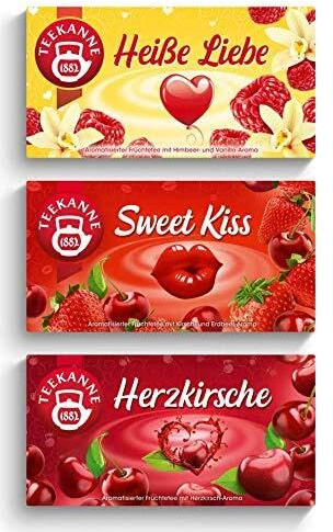 Teekanne Früchtetee-Set 3 Sorten, Herzkirsche, Sweet Kiss, Heiße Liebe (3 x 45 g) | aus sonnengereiften Früchten mit feinem Kirch-, Erdbeer-, Himbeer- & Vanillearoma