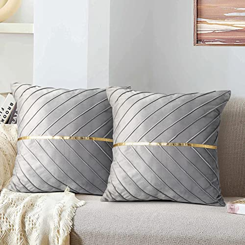 MAIXUN Cushion Covers 40 x 40 cm Decorative Velvet Grey Gold Stripe Cushion Covers Sofa Soft Hidden Zipper for Living Room Sofas Padding Chairs Pallet Bedroom Set of 2