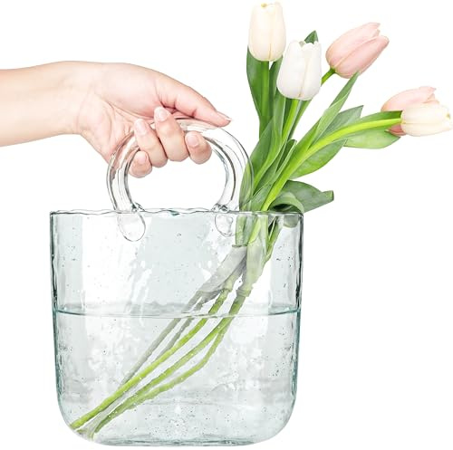 FNG8 Vase Décoratif en Verre Sac à Main - Transparent Soufflé à la Main pour Fleurs, Fruits, Pot-pourri, Petits Poissons, Bonbons en Cristal avec Bulles d'eau - Décoration Moderne