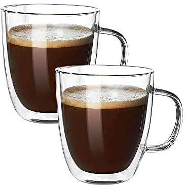 1ABOVE 2x250ml Double Walled Coffee Glasses Mugs, Hot Drink Mugs, Tea, Cappuccino, Latte and Ice-Cold Drink Glasses Cups with Handle Heat Resistant and Dishwasher Safe (250 ML)