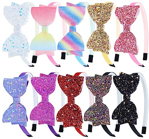 Cinaci 10 Pieces Sparkling Sequin Bow Plastic Headbands with Teeth Hair Bands Hairbow Accessories for Toddlers Kids Teens Girls