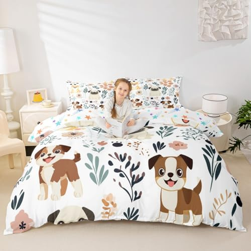 Feelyou Cute Puppy Dog Duvet Cover Kids Toddler Twin, Dog Animal Bedding Set Dogs and Flowers Comforter Cover Botanical Plant Bedspread Cover Durable Quilt Cover (No Comforter)