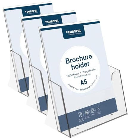 Europel Prospekthalter Aufsteller - Injektion Prospektständer - DIN A5 - Transparent - Broschürenständer für Büros - Broschürenhalter im Hochformat für Menü, Faltblatt, Flyer (Packung mit 3)