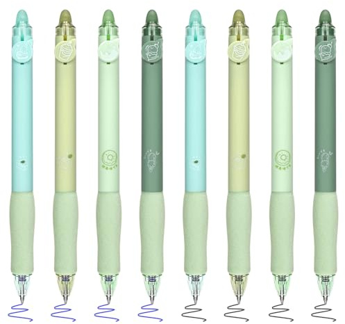 BAYTORY 8 Stück Radierbare Stifte, Gelstifte, Radierbarer Tintenroller, Einziehbare Gelschreiber, Blau und Schwarze Schnell Trocknen Tinte mit Radiergummi, Glatte Schrift Bequem zu Benutzen (Grün)