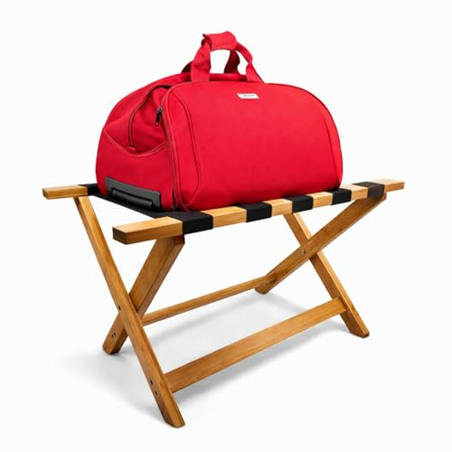 VIRSUS Porta Valigie Pieghevole in Legno Bamboo con 5 Cinghie, misura 65x36x36 cm, Cavalletto Sgabello Reggivaligia, per Bagagli, Valigie in Hotel, B&B, Albergo, Camera da Letto -NA7880F