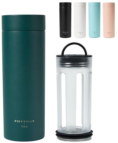 Firebelly Tea, Travel Tea Infuser Mug with Strainer, Insulated Tumbler for Loose Leaf Tea or Coffee, Leakproof Bottle for Hot or Iced Drinks, Stainless Steel Thermos with Lid, Forest