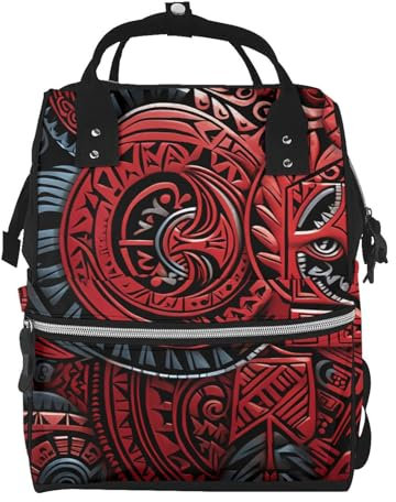 OUSIKA Wickeltasche mit Tribal-Muster, multifunktional, Laptop-Rucksack, Reise, Tagesrucksack, große Wickeltasche, Rot, Schwarz , One size
