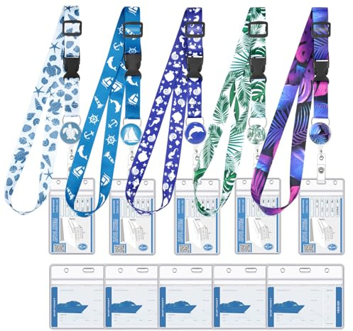 Kreuzfahrt-Schlüsselband für Schiffskarten, verstellbare Schlüsselbänder für Kreuzfahrtschiffkarten mit einziehbarem Ausweishalter und 10 wasserdichten Ausweishaltern (Marine-Stil)