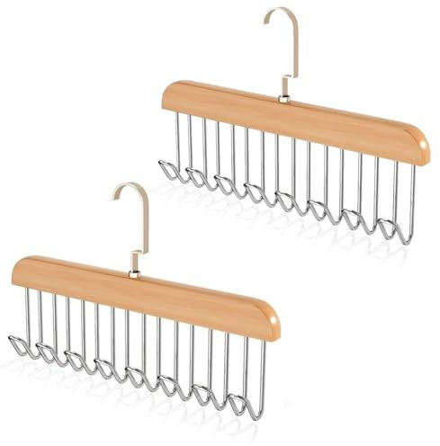 2Pcs Multifunctional Coat Hanger Hooks - Anti-Slip Tie and Belt Holder With 8 Hooks - Wood Storage Organiser for Belts, Ties, Tanks, Scarves, and Bras