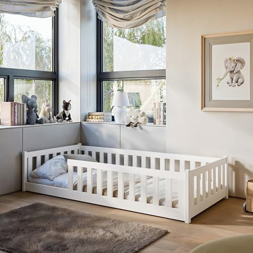 Kids Collective Kinderbett Bodenbett 80x180 cm mit Rausfallschutz & Lattenrost Montessori Bett Bed Gitterbett Kinder Jugendbett Einzelbett | weiß | von 3. bis 12. Lebensjahr