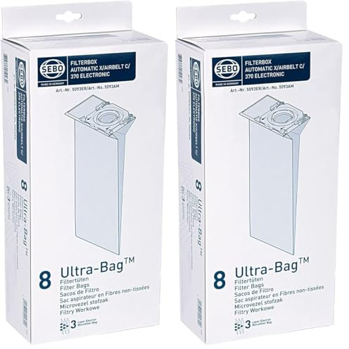 Sebo 5093ER Filterbox für Sebo Automatic X/XP, Airbelt C, 370, G / 3-lagig mit Hygienedeckel/ 8 Ultra Bags, Weiß (Packung mit 2)