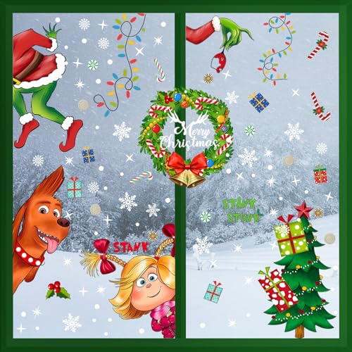 9 Blatt Fensterbilder Weihnachten Selbstklebend, Doppelseitig Fenstersticker Weihnachten, Wiederverwendbar Grün Weihnachtsfensterbilder, Schneeflocken Fensterdeko für Party Zuhause Fensterdeko