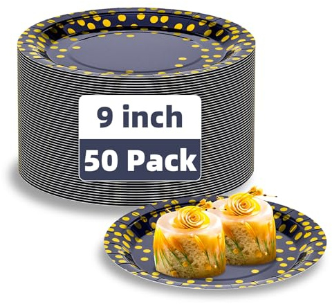 DN DENNOV 50 Pappteller, 9-Zoll-Folien-Polka-Dots-Pappteller für Abschlussfeier, Hochzeit, Kindergeburtstag, Camping, Picknick (Apfelblau und Gold)