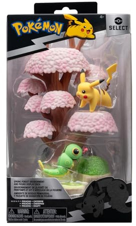 Pokémon PKW3207-15cm Select Set - Árbol de Flores con Pikachu y Raupi, Juego Oficial de Figuras