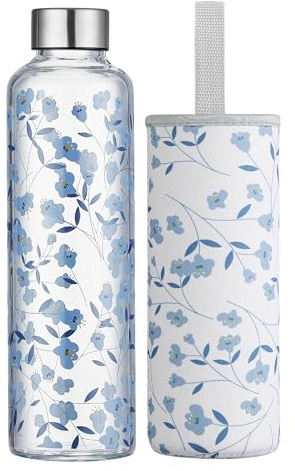 Autsel Glass Water Bottle 1000ml Artistic Glass Drinking Bottle with Lid Leak Proof Borosilicate Water Bottle with Protection Sleeve, Fine Gifts for Girls and Women