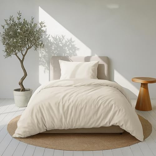Dreamzie Funda Nordica Algodon Satinado 155x220 cm - Beige - Ropa de Cama, Funda Edredon 155x220 cm y 1 Funda Almohada 80x80 cm - Algodón Satinado - 2 Piezas