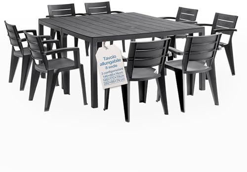 Tomaino - Set Savana Tavolo da Giardino con Sedie - Tavolo da Esterno Allungabile con 8 Sedie in Plastica - Set da Esterno per Giardino, Balcone, Veranda Nero