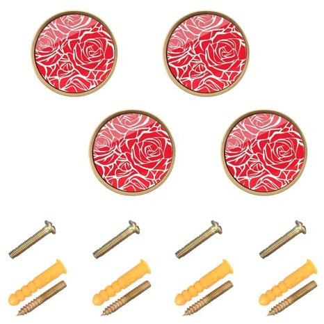 EtherSpher Knäufe und Ziehknäufe mit roten Rosen und Blumen, für Schränke und Schubladen, 32 mm, goldfarben, für Wohnzimmer, 4 Stück