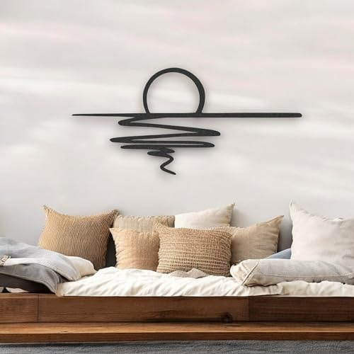 Tubibu Metall-Wandkunst – Sonnen-Glitzer-Wanddekoration – schwarze minimalistische Linienkunst – Sonnenaufgang-Wandbehang für Wohnzimmer, Schlafzimmer, Einweihungsgeschenk im Freien (XXL)