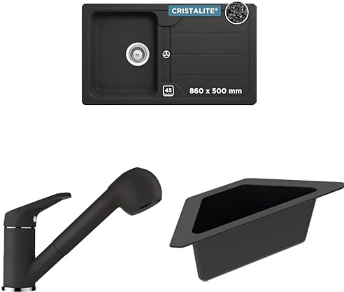 SCHOCK® Küchenspüle Formhaus D-100 Onyx 86x50 cm - CRISTALITE® Schwarz | Küchenarmatur Cosmo Onyx I Schwarze Hochdruck Armatur mit ausziehbarer Schlauchbrause | Eckschale in schwarz