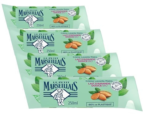 Le Petit Marseillais | Recharge Crème Lavante Mains Lait d'Amande Douce Bio (berlingot de 250 ml) – Savon liquide avec 92% d'ingrédients d'origine naturelle – Emballage avec -80% de plastique*