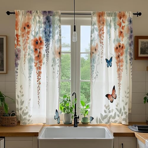 Opeoddie Cortinas de cocina con flores de acuarela, bohemias, lilas, naranjas, flores, flores, pequeñas, cortas, cortinas de ventana de baño, cortinas de mariposa de primavera para dormitorio, 2