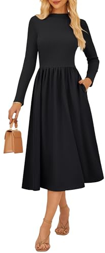GRACE KARIN Casual Long-Sleeved Knit Dress for Women Elegant A-Line Swing Dress for Fall Winter Black M