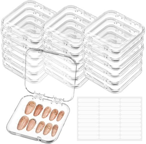 PEOVLVN 20pcs Press on Nail Storage Box Press on Nails Packaging Fake Nail Storages Case with 90 Pcs Adhesive Double Sided Tape for Fake Nail Storage Nail Display Nail Salon