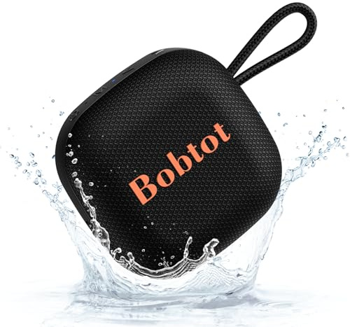 Bobtot Bluetooth Lautsprecher Kein, IPX7 Wasserdicht, Schwarz | Kabellos Tragbar, 16 Stunden Akkulaufzeit, Lauter Stereoklang, TWS, Integriertes Mikrofon, Mini-Format für Reisen und Sport