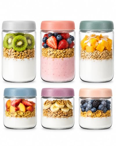 QinyOulhause Set de 6 Tarros de Cristal 300ml+500ml con Tapa de Rosca Reutilizables y Aptos para Lavavajillas Ideales para Yogur Avena Ensaladas y Especias