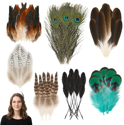 Qnvyw 100 Naturfedern zum Basteln - Bunte Bastelfedern Set mit Fasanenfedern, Groß & Klein für Traumfänger Basteln, Naturmaterialien Kreativset