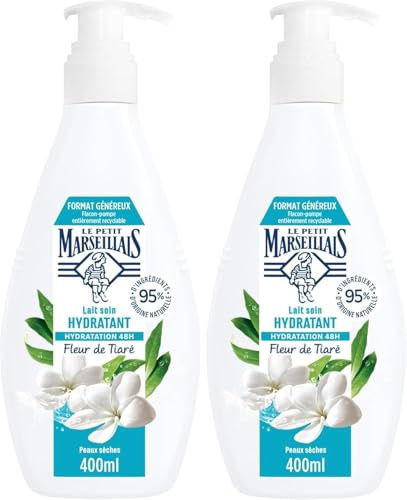 Le Petit Marseillais - Lait Soin Hydratant (Flacon-Pompe de 400 Ml) – Lait Corps pour Peaux Sèches – Lait Corporel Hydratation 48H à la Fleur de Tiaré (Lot de 2)