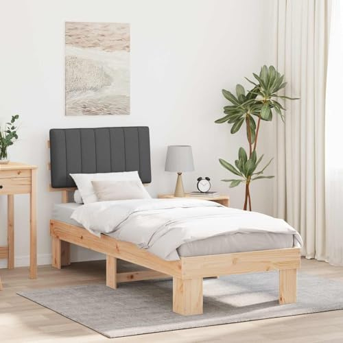 Bucmath Bettgestell mit gepolstertem Kopfteil, Dunkelgrau, 75 x 190 cm, Massivholz Kiefer, Einzelbett für Schlafzimmer, langlebig, kein Boxspring erforderlich