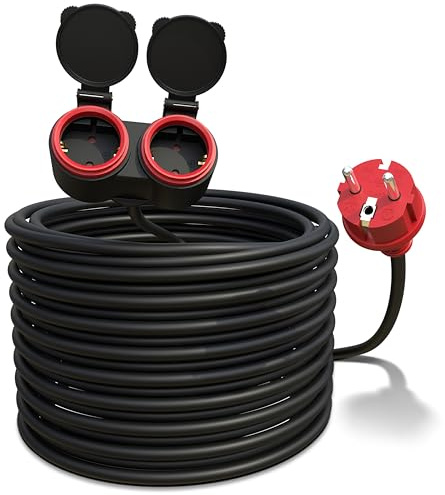 Poppstar Rallonge Electrique exterieure 20m, Double Prise Schuko 2 Sorties, IP44, 16A/3680W, H05RR-F 3G1,5, Noir/Rouge