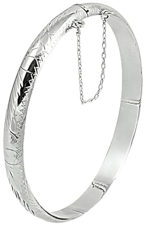 7MM Wide Oval Diamond Cut Engraved/Etched Pattern Hinged Bangle Bracelet With Safety Chain for Baby/Child/Children/Women - 925 Sterling Silver - Diameter: 60mm - Size: WOMEN