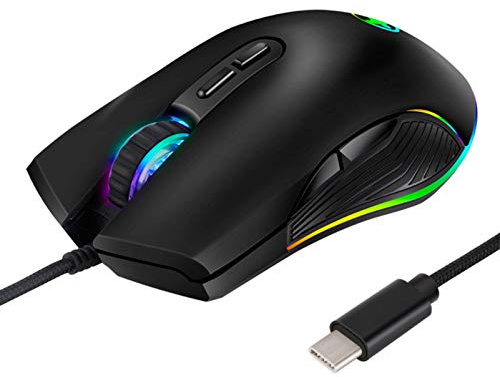 FIRSTMEMORY USB C Ergonomic Wired RGB Gaming Mouse - Optical with Adjustable DPI 800/1600/2400/3200 - Compatible with Notebook, PC, Laptop, MacBook and All Type-C Devices (Black)