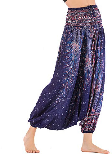 Nuofengkudu Dam, thai, bomull, haremsbyxor, boho, mönster, overall, hög midja, lös färgglad bandeau jumpsuit, hippie, lätt luftiga yogabyxor, strandbyxor, Lila blå påfågel, En Storlek