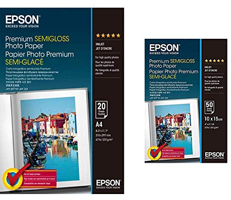 Epson C13S041332 Premium Semi Gloss Photo papier Inkjet 251g/m2 A4 20 Blatt Pack & C13S041765 Premium semi gloss Photopapier Inkjet 251g/m2 100 x 150 mm 50 Blatt Pack