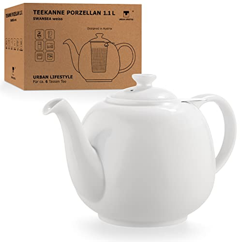 Urban Lifestyle Théière avec Filtre 1,1 Litre Théière en Fine Porcelaine de Haute Qualité avec Infuseur en Acier Inoxydable 800 ml Capacité Utile Anti Goutte Couvercle Stabilisé Blanche SWANSEA