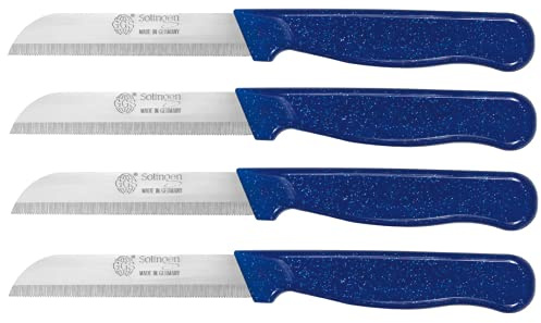 GGS Solingen Stainless Steel Knife Set - 4 Piece Serrated Vegetable, Tomato & Steak Knives, Dishwasher Safe (Blue)