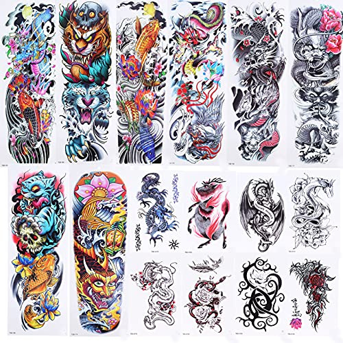 8 Sheets Full Arm Temporary Tattoo + 8 Sheets Half Arm Fake Tattoos, Body Sleeve Tattoo Stickers Semi Permanent Tattoo, Large Fake Body Art Arm Chest Tattoo Black Tattoo Body Stickers